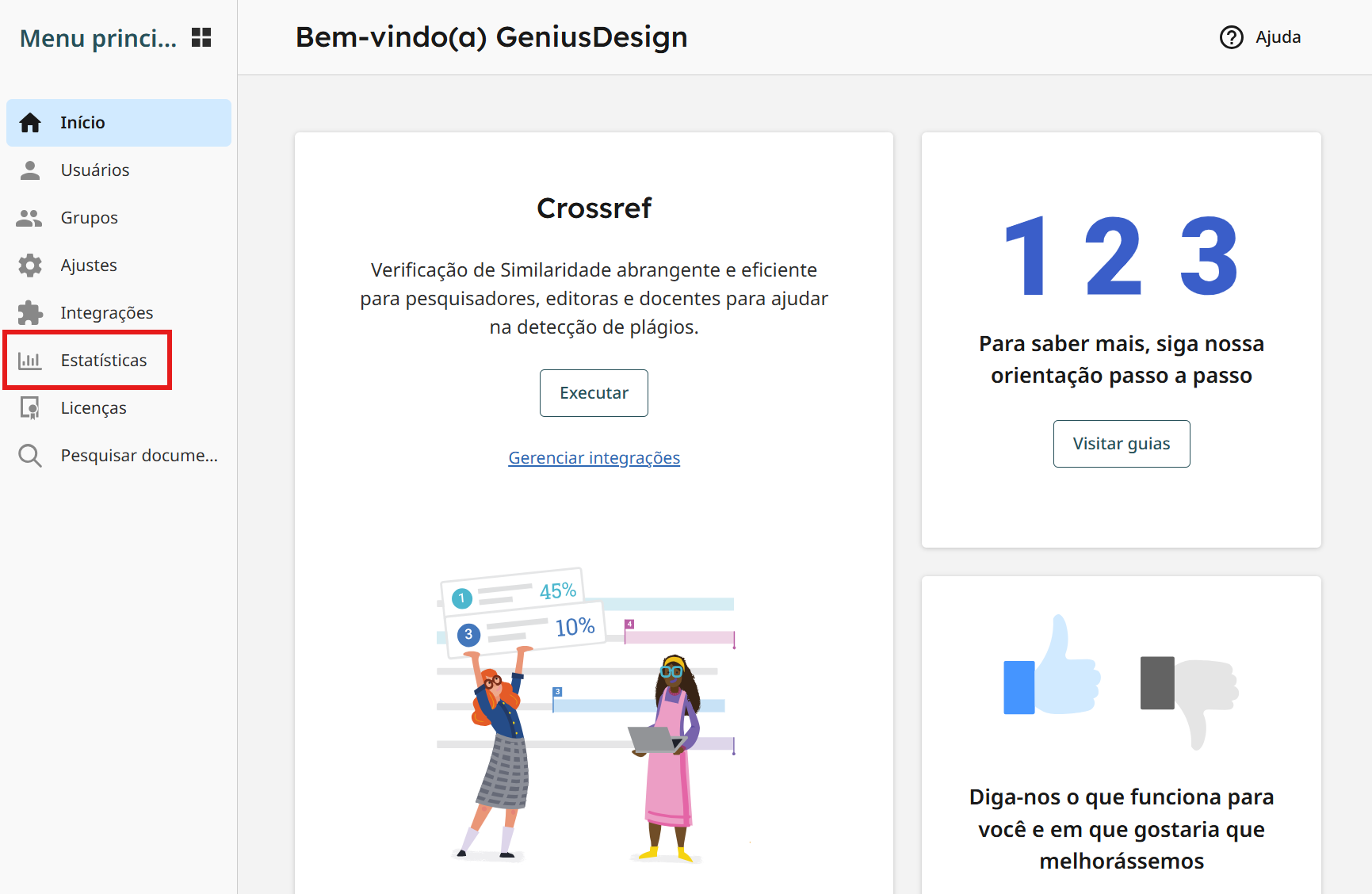 Figura 1. Tela inicial do iThenticate com destaque para o item de menu lateral 'Relatórios'.