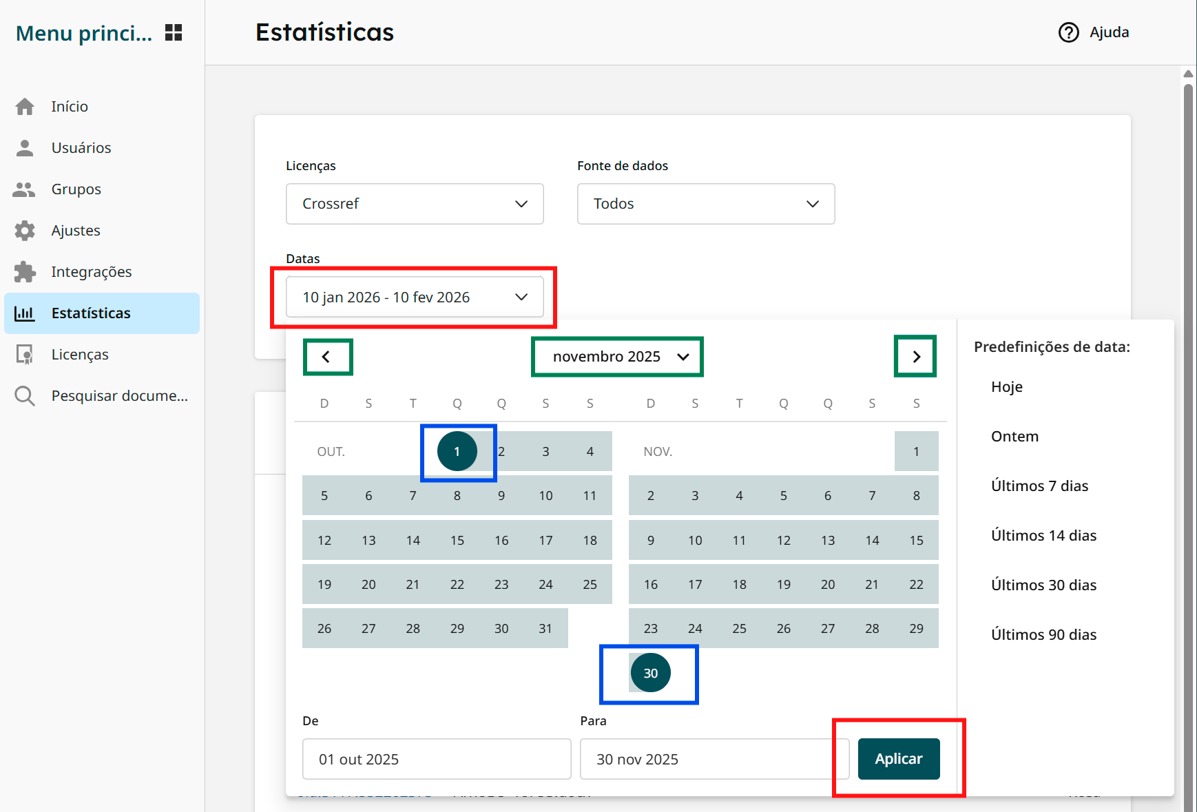 Figura 2: Filtros de calendário (retângulo vermelho de cima) ativo, com opções de navegação pelo calendário (retângulos verdes) e seleção de datas (retângulos azuis).