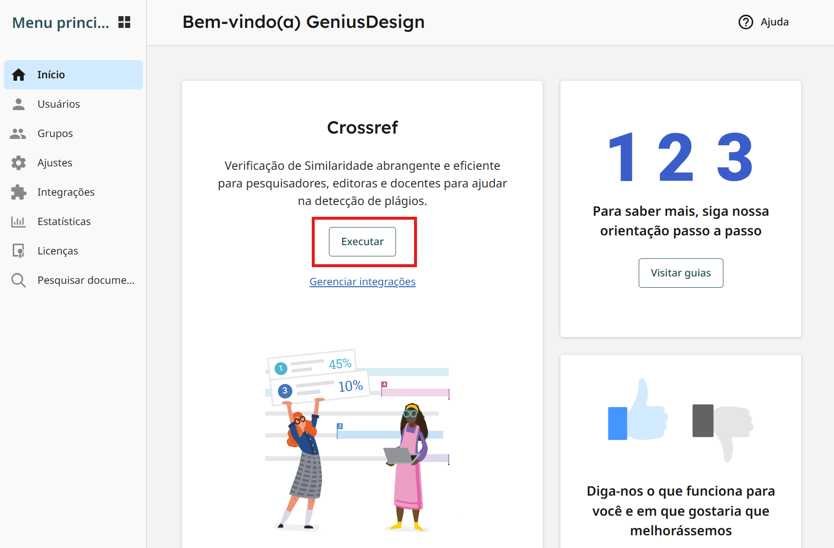 Figura 1. Tela inicial do SimilarityCheck com destaque para o botão 'Executar', na área de título 'Crossref'.