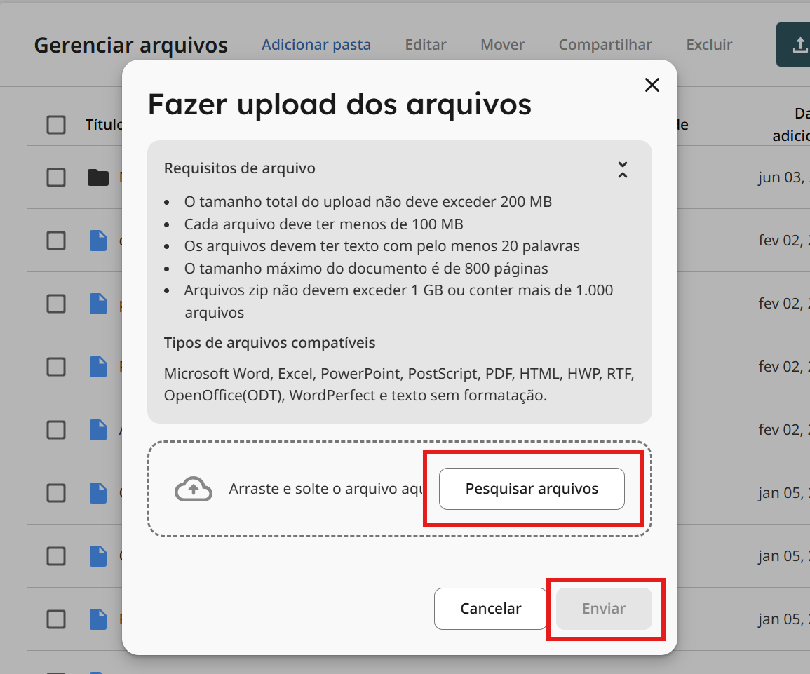 Figura 3: Janela de upload de arquivos.