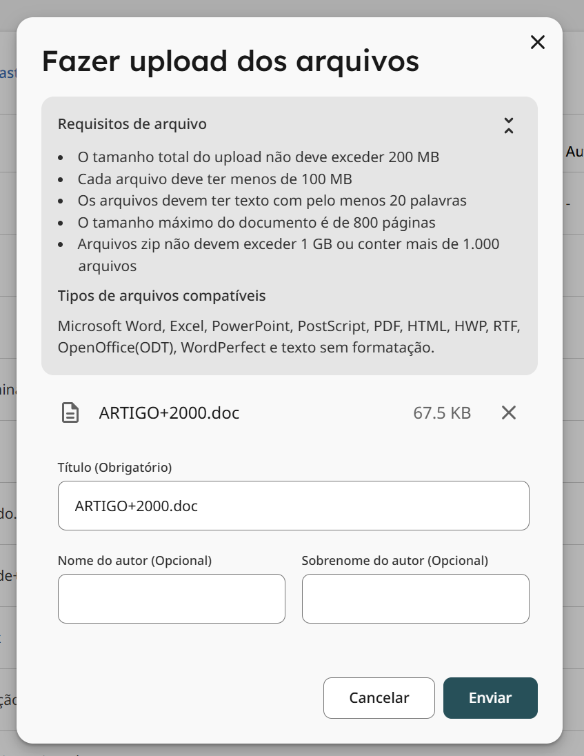 Figura 4: Campos para identificação do arquivo na janela de upload.