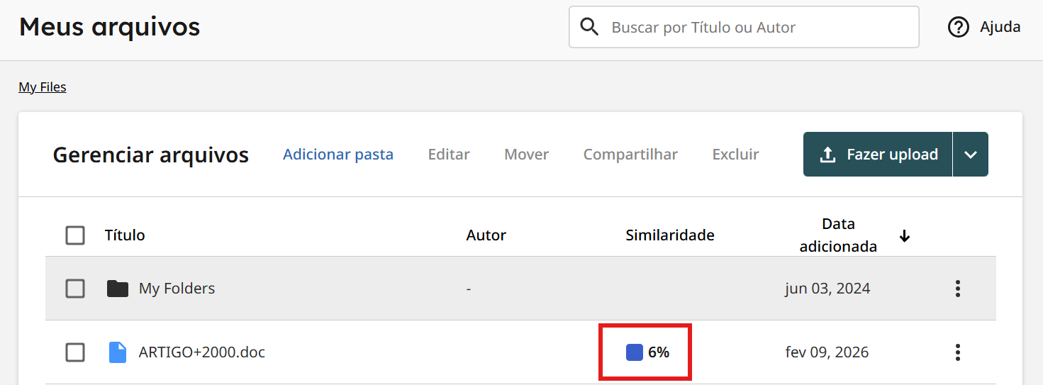 Figura 5: Tela de “Meus arquivos”, com destaque para o percentual de similaridade após verificação.
