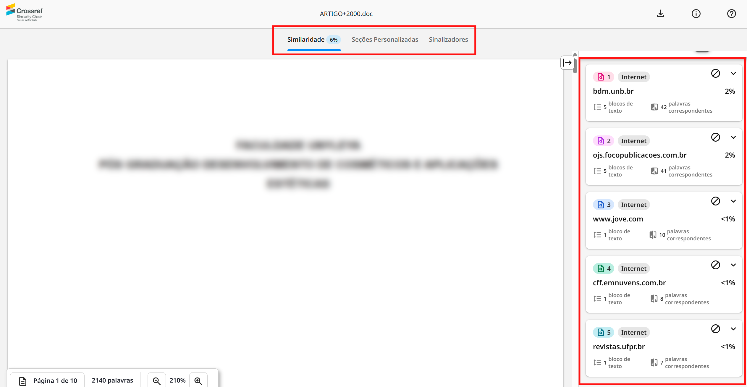 Figura 6: Relatório de similaridade exibindo o documento, o percentual total e as fontes de correspondência à direita.