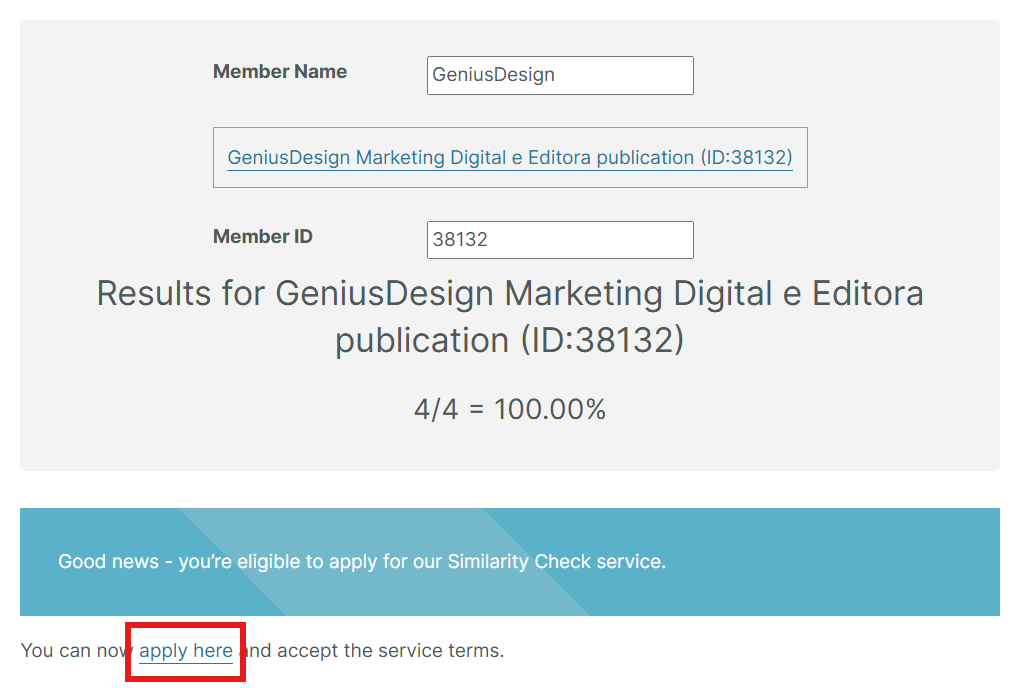 Figura 2. Confirmação de elegibilidade e link para preenchimento do formulário de aplicação.