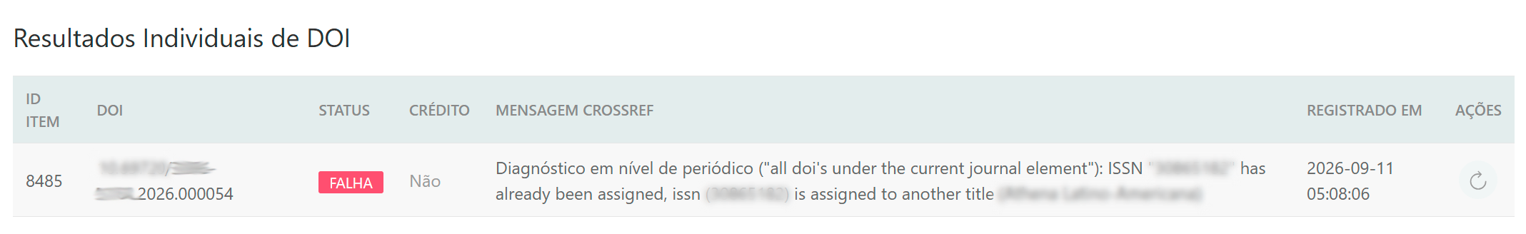Resultados Individuais de DOI em lote onde nenhum registro foi depositado.