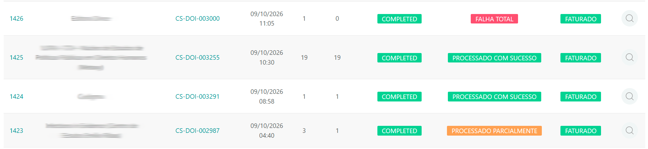 Visão da página Depósitos Crossref com lista de depósitos efetuados e seus respectivos status.